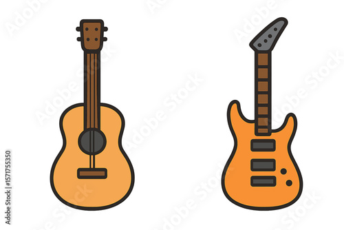 Set of vector icon illustrations of acoustic and electric guitars