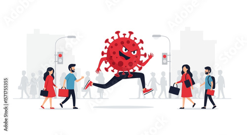 Cartoon Coronavirus Jumps Across Street From Pedestrians During Red Traffic Light
