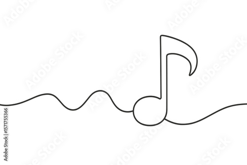 A minimalist musical symbol represented by a continuous line, forming a trendy abstract wave melody, is illustrated as a vector outline sketch of sound in a minimalistic style