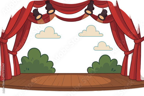 Vector cartoon illustration of a theater interior featuring red curtains, spotlights, an empty wooden scene, luxury velvet drapes, and decorative elements including clouds and bushes