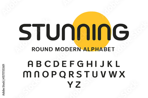 Round modern alphabet featuring a stunning font, ideal for creating futuristic logos, headlines, and creative lettering, as well as maxi typography, characterized by minimal style letters and a