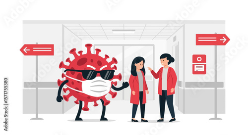 Cartoon Coronavirus With Sunglasses Confronts Doctors in Hospital Hallway
