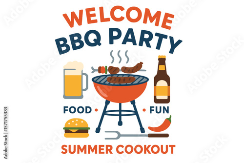 Summer barbecue weekend cookout event with beer, food, and music, featuring a design template for a welcome BBQ party flyer, menu, poster, welcome banner, and announcement, incorporating vector