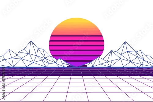 Retro low poly grid wireframe landscape mountain terrain with set of glowing outrun sun vector illustration template on a futuristic neon retrowave background