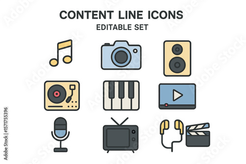 A set of editable vector content line icons is available, including music, camera, audio, dj, piano, video, media, microphone, webcam, television, earphones, and cinema