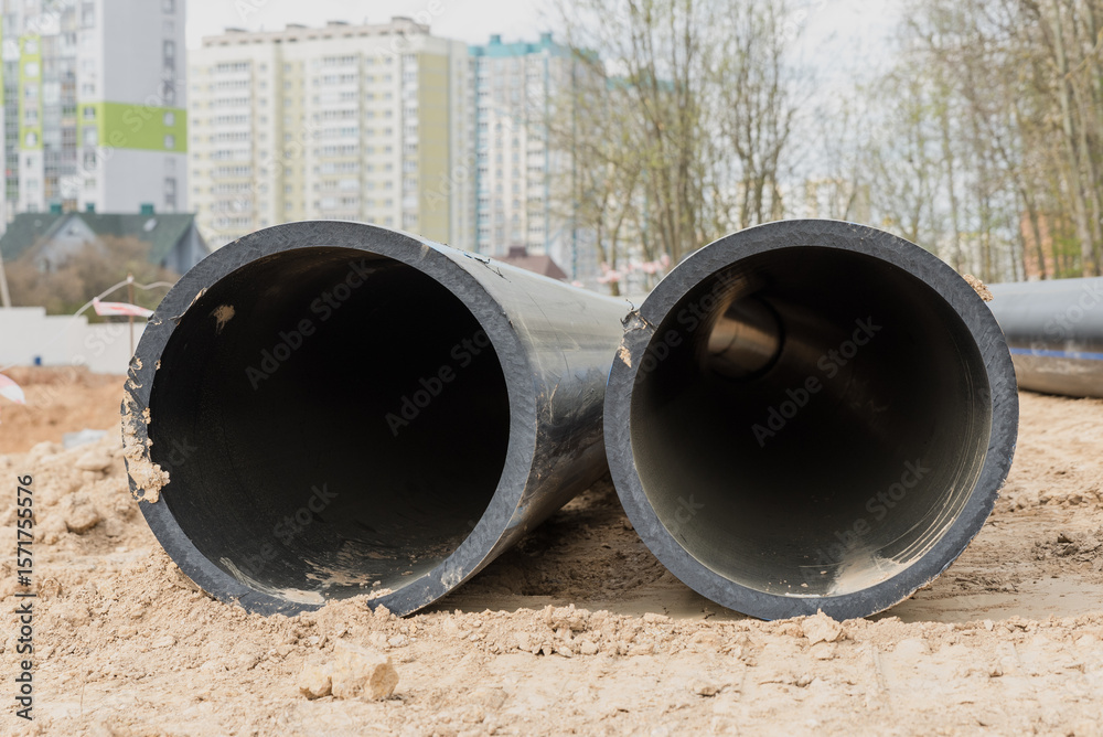 new pipes on the construction site. urban sewerage infrastructure new pipes on the construction site. urban sewerage infrastructure