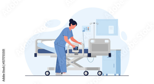Medical Professional Adjusting Equipment Near A Hospital Bed With Modern Design