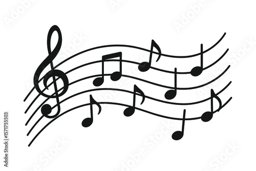 Icon for staff and music note theme featuring musical notes stave line pattern symbols on a transparent background with wave piano, jazz sound notes, fun vector key sign, classic clef, doodle quaver