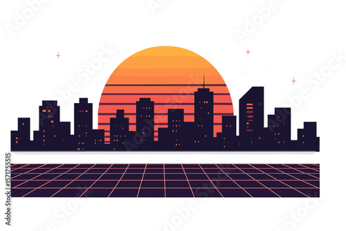 Vector illustration of a retro futuristic synthwave retrowave styled night cityscape with a sunset in the background, suitable as a cover or banner template for retro wave music