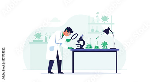 Scientist Investigating Virus With Microscope In Laboratory For Medical Research