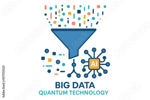 Quantum technology and big data are intertwined with ai network and data funnel, set against a big data vector background