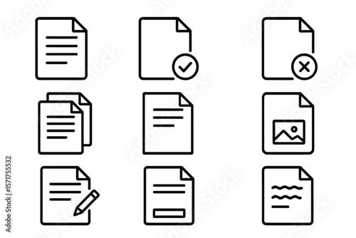 Collection of document line icons and symbols, including various document vector illustrations