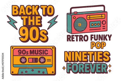 Vector illustration set featuring a retro 90s music party poster, a nineties forever banner, and a funky pop radio badge, along with a music cassette and trendy sound flyer