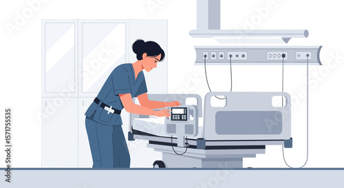 Medical Professional Adjusting Equipment on a Modern Hospital Bed For Patient Care