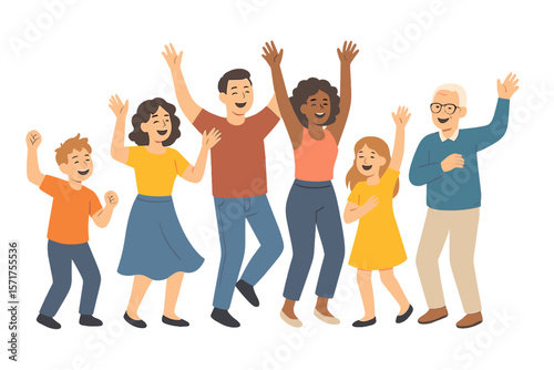 A diverse group of people of varying ages are delighted to be united while dancing and commemorating a special occasion, epitomizing a joyful family enjoying a concert, music festival, party, show