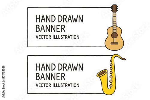 Vector illustration of a hand-drawn banner template featuring a guitar and saxophone in doodle sketch style, suitable for music shops, musical instrument banners, music festival flyers, and brochure