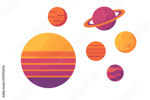 A summer vector illustration featuring a sunset of vector planets isolated on a white background, evoking a flat design reminiscent of 1980s vintage music