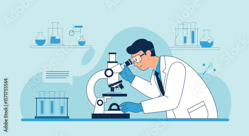 Scientist Man Working with Microscope in Laboratory, Science Research Concept