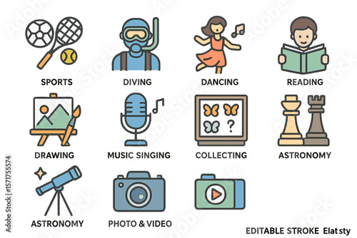 Vector hobby icons featuring editable stroke, encompassing various activities for kids and adults, including sports, diving, dancing, reading, drawing, music, singing, collecting, chess, astronomy