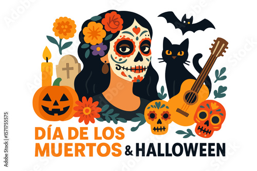 Vector illustration of a woman with sugar skull makeup - Calavera Catrina, accompanied by a cat, flowers, and traditional Mexican objects, symbolizing the Day of the Dead, a Mexican holiday, and