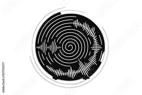 A circular spiral sound wave rhythm is created by lines of white color on a dark background