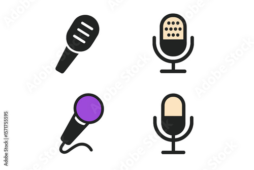 Vector illustration of a microphone icons set, including a variant microphone icon, karaoke mic, and podcast microphone for web and mobile use