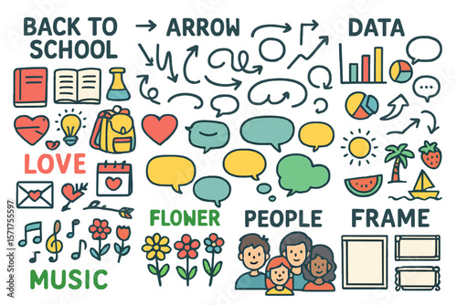 Extensive assortment of doodles, including Back to school, Arrow, data, love, bubble, summer, music, flower, people, and frame designs