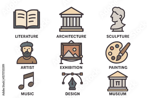 A comprehensive art icon set featuring symbols for literature, architecture, sculpture, artists, exhibitions, paintings, music, design, and museums in a solid collection