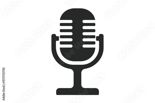 Retro black vintage microphone logo on a white background, symbolizing music, voice, and record, represented as a mic silhouette sign and recording studio icon in a flat style vector illustration