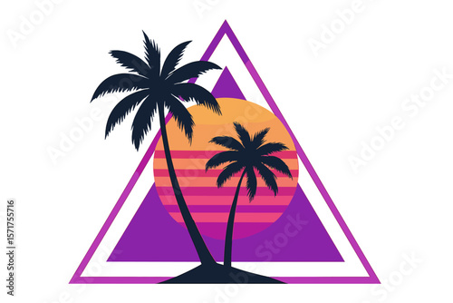 Vector illustration of a vintage 80's gradient colored sunset with palm trees silhouettes on abstract triangle shapes background, featuring a retrowave, synthwave, or vaporwave aesthetic