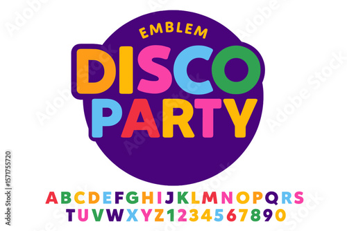 Vector bright Emblem Disco Party: Colorful Uppercase Font featuring Modern Alphabet Letters and Numbers