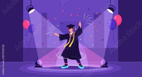 Exuberant Graduate Student Joyfully Celebrates Graduation With Confetti And Glowing Roller Skates