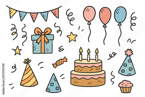 A collection of party doodles, including a sketch of birthday decorations, a gift box, cake, and party hats, all in a sketch style, presented as a hand-drawn vector illustration isolated on a white