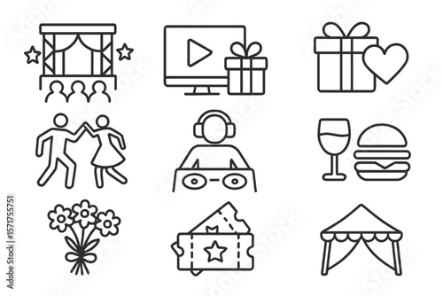 Event vector icons featuring editable stroke, suitable for entertainment, party concert scenery, music video, wedding gifts, dancing, DJ, food, drinks, flowers, sport tickets, and picnic tent