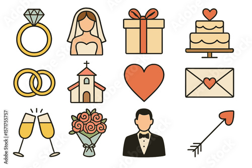 Vector wedding icons and symbols, hand drawn on a white background, are part of this wedding set