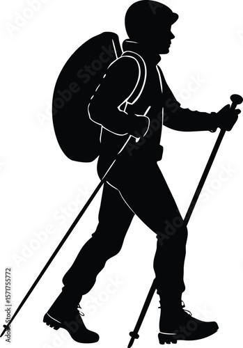 Winter Hiker with Poles Silhouette,Snow Trail Trekking