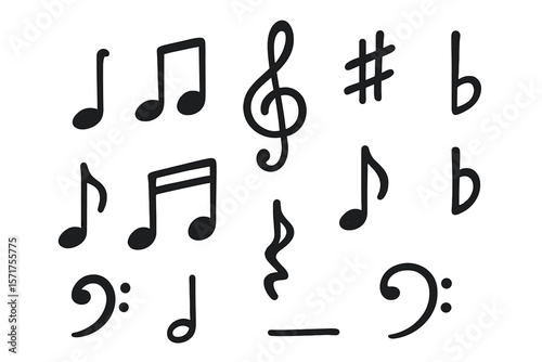 A set of hand-drawn music notes on a white background, suitable for design and doodle illustration purposes