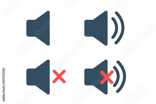 Volume control icon set including speaker, loudspeaker, and mute or unmute sound symbols as flat vector icons for video applications and websites