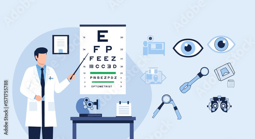 Eye Doctor Showing Optometry Chart And Eye Exam Equipment In Clinic Room