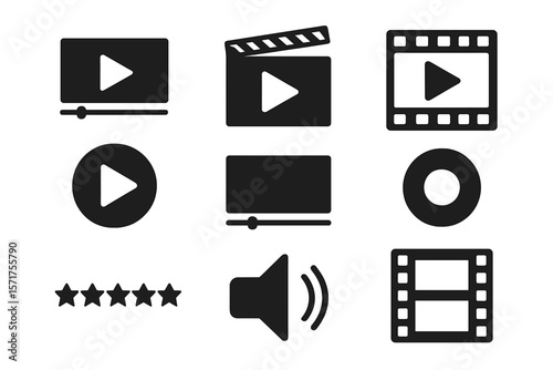 A collection of media player icons including video player icons and a cinema icon in vector format