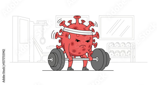 Cartoon Virus Lifting Weights In The Gym Concept Of Strength And Resilience