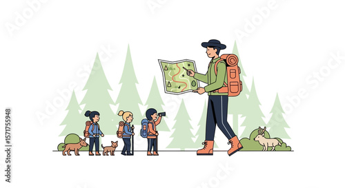 Family Adventure In Forest Exploring Nature Together During Summer Vacation