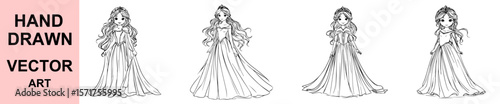 Elegant hand drawn princess in royal dress and tiara, cute fantasy girl character illustration, black and white cartoon vector art for fairytale themes.