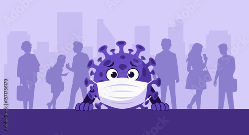 Cartoon Virus Wearing Face Mask In City With People Silhouette Illustration