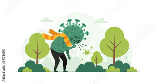 Cartoonish Personification Of Virus With Scarf Sneezing In A Green Landscape