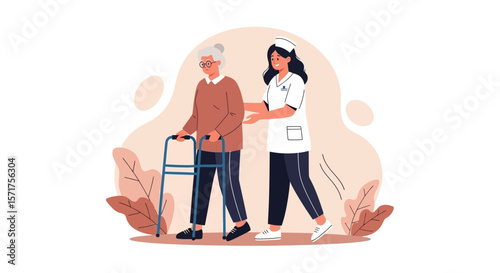 Senior Woman Walking With A Walker Assisted By A Nurse With Care