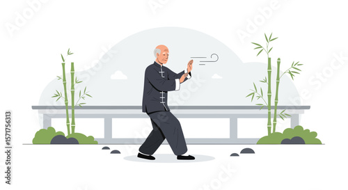 Senior Practicing Tai Chi In Tranquil Bamboo Garden For Health And Wellness