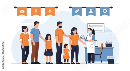 Family Vaccination Clinic With Medical Professional And People In Queue Line