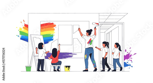 Family Painting Rainbow Mural Together With Joy And Creativity At Home