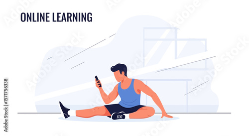 Casual Online Education With Young Man Using His Phone And Sitting On Floor
